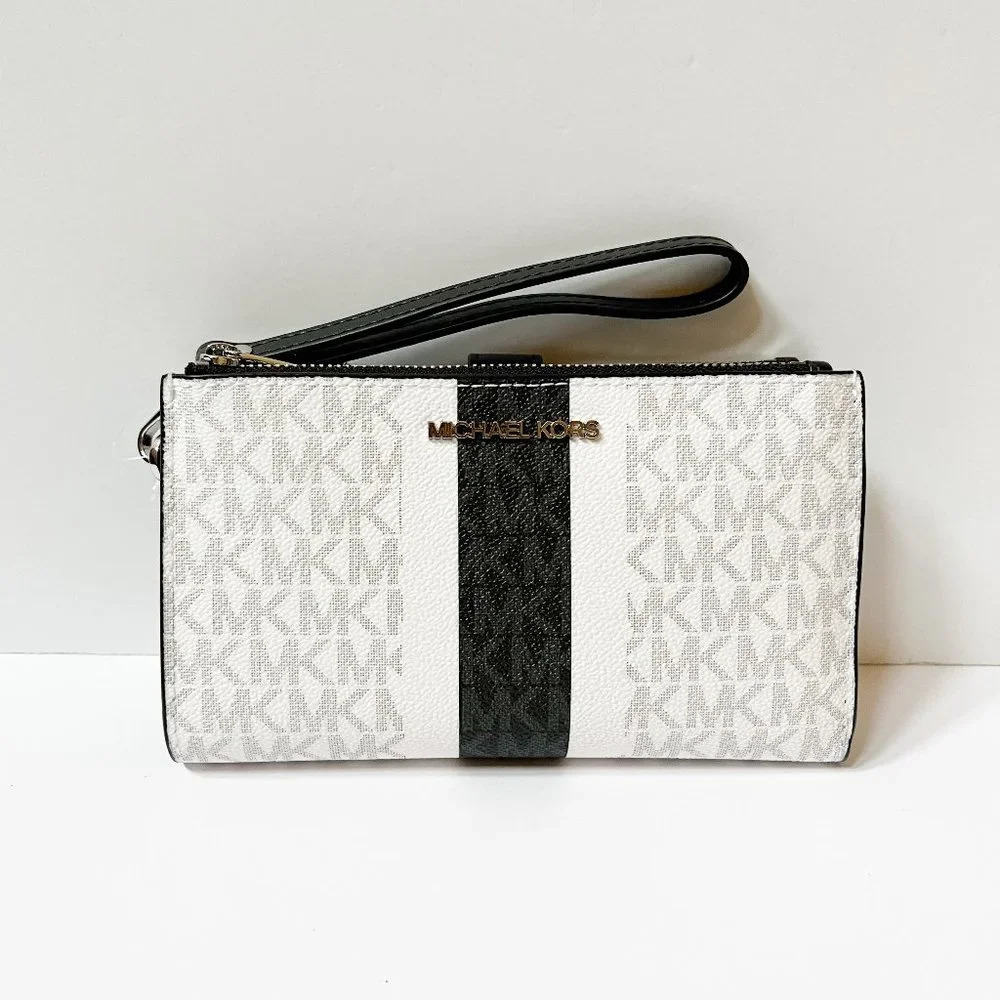 Michael Kors Jet Set Travel Double Zip PVC Leather Wallet Center Stripe MK White